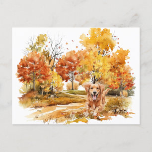 Cartão Postal Design de Cachorro de Outono em Aquarela - Retriev
