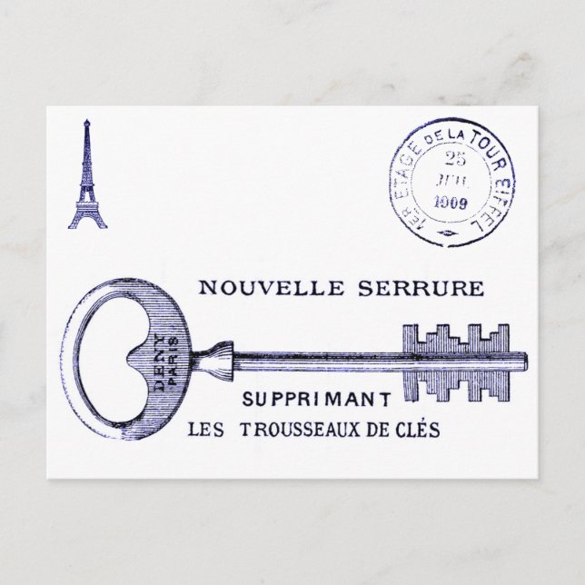 Cartão Postal Design de chave grande com Torre Eiffel e postmark (Frente)