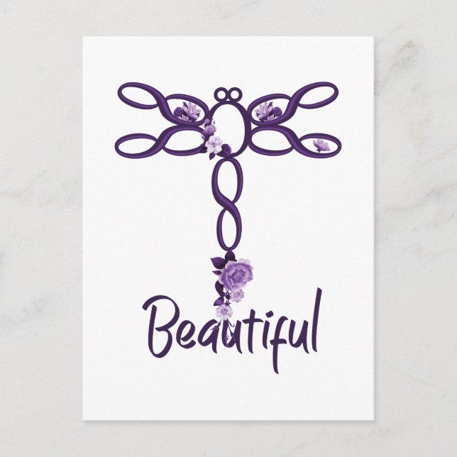 Cartão Postal Design de Dragonfly "Linda" Floral Roxo (Frente)