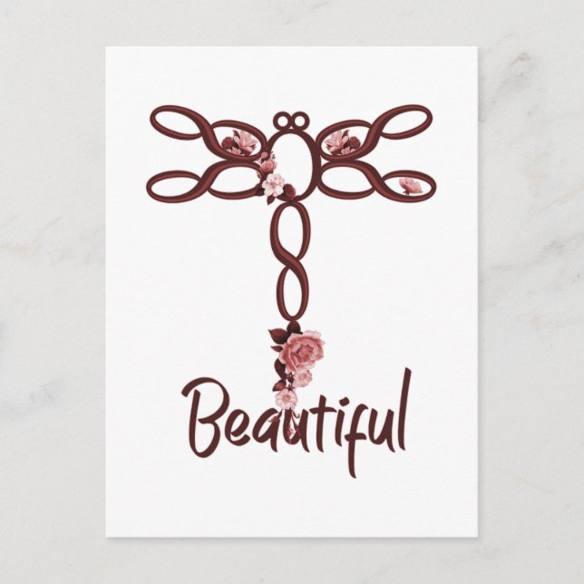 Cartão Postal Design de Dragonfly Red Floral "Linda" (Frente)