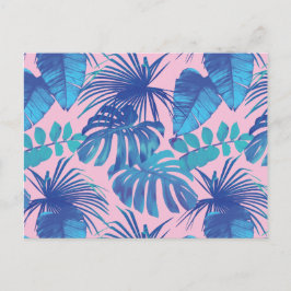 Cartão Postal Design de folha tropical rosa e azul