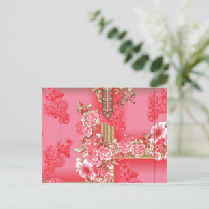Cartão Postal design de fundo rosa e ouro com vermelho