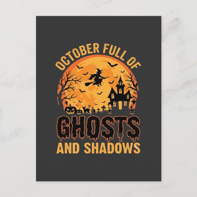 Cartão Postal Design de Lua de Halloween com Fantasmas e Sombras (Frente)