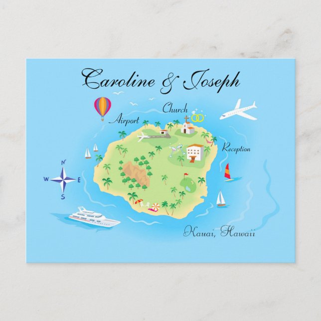Cartão Postal Design de Mapa de Casamento Personalizado - Ilustr (Frente)