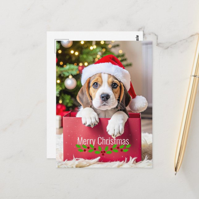 Cartão Postal Design de Natal de Filhote de Beagle, (Frente/Verso In Situ)
