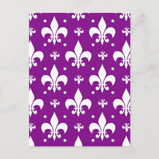 Cartão Postal Design de padrão da Fleur-de-lis de fundo roxo (Frente)