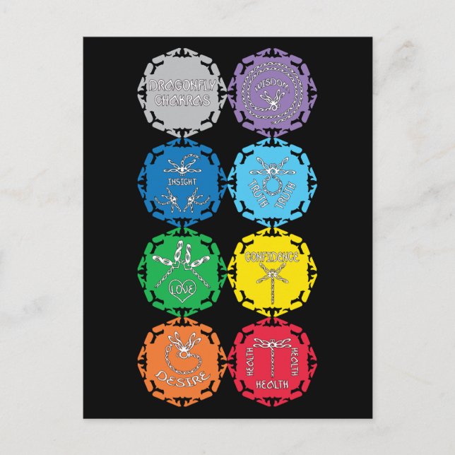 Cartão Postal Design de texto Branco Dragonfly Chakras (Frente)