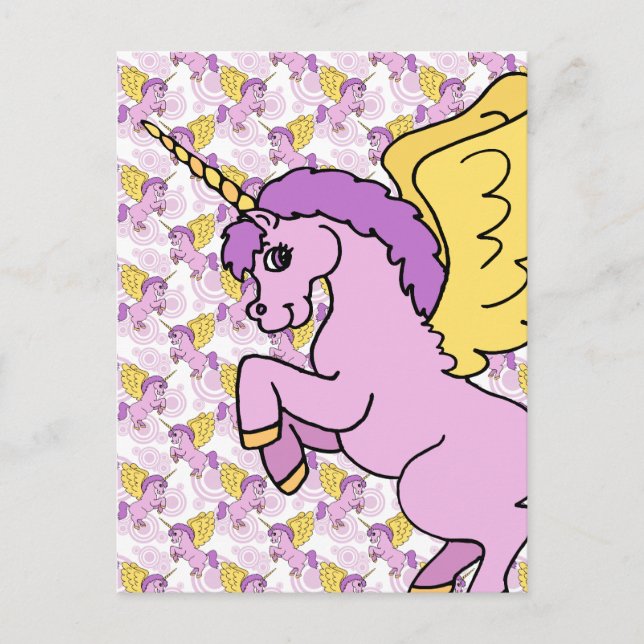 Cartão Postal Design de Unicórnio Rosa e Roxo (Frente)