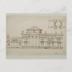 Cartão Postal Design esboçado para um edifício dominado (caneta