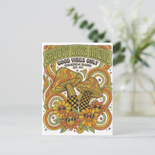 Cartão Postal Design Psicodélico dos Anos 1970 com Cogumelos