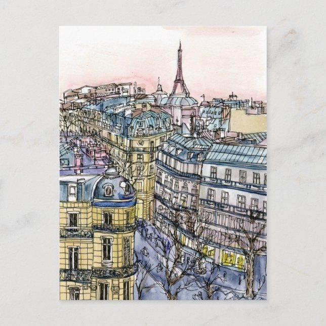Cartão Postal Destinos | Torre Eiffel de Aquarela e Paris (Frente)