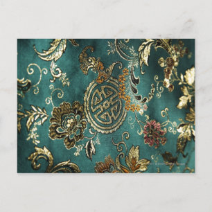 Cartão Postal Detalhe do tecido verde de seda chinês jade