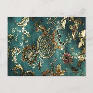 Cartão Postal Detalhe do tecido verde de seda chinês jade