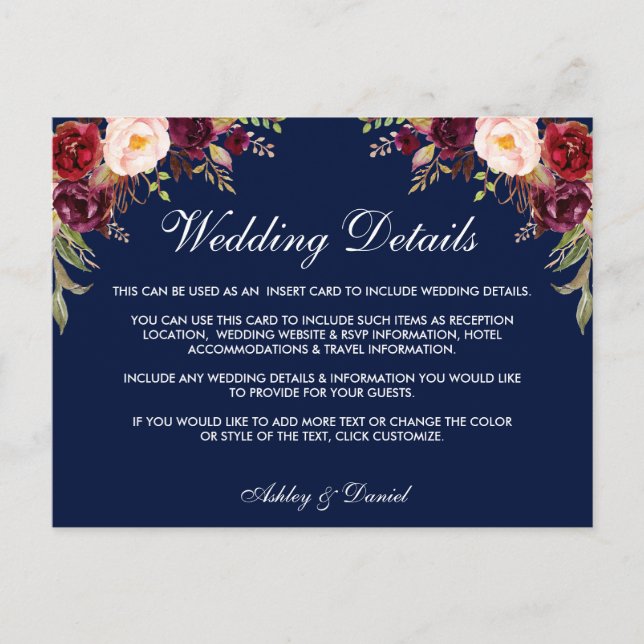 Cartão Postal Detalhes do Casamento Azul Floral Burgundy Inserir (Frente)