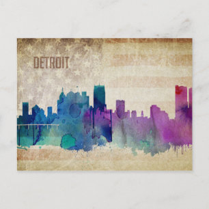 Cartão Postal Detroit, MI   Linha Skyline Cidade de Cores