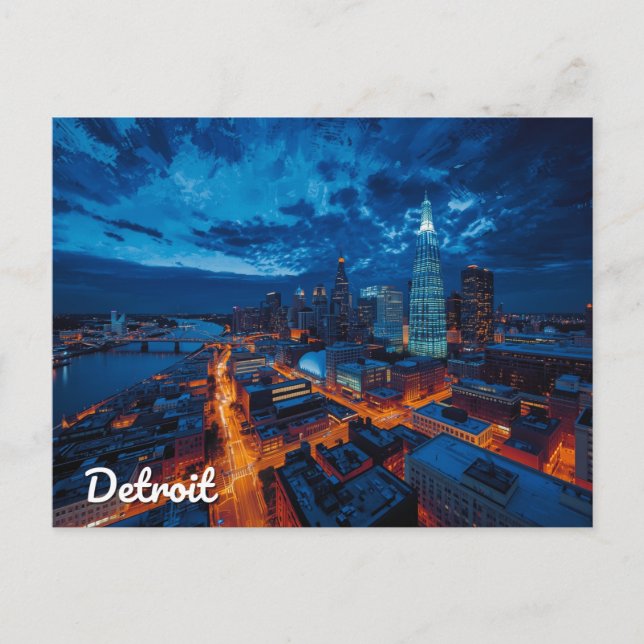 Cartão Postal Detroit Michigan Skyline City Art (Frente)