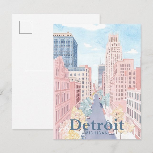 Cartão Postal Detroit Michigan Watercolor Painting Viagem (Frente/Verso)