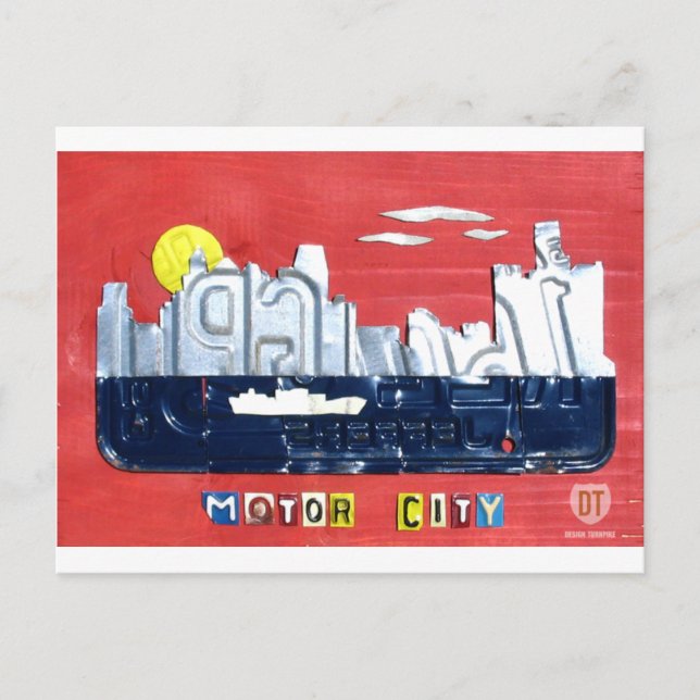 Cartão Postal Detroit The Motor City Skyline Licate Plate Art (Frente)