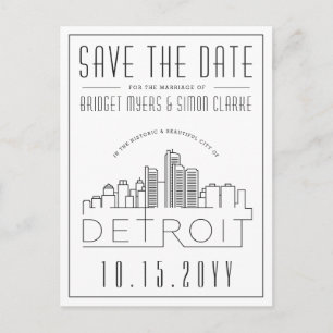 Cartão Postal Detroit Wedding Skyline Estilizado Salvar a Data