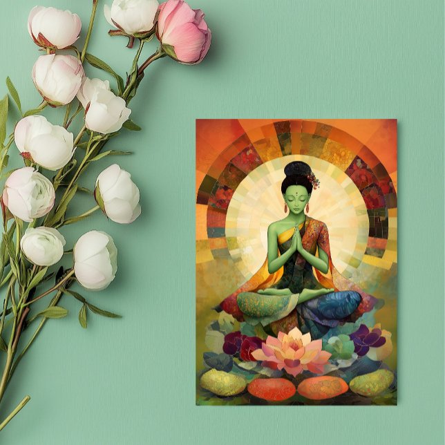 Cartão Postal Deusa Budista Tara Verde Pintura Floral Zen (Criador carregado)