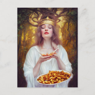 Cartão Postal Deusa com um prato cheio de poutine 