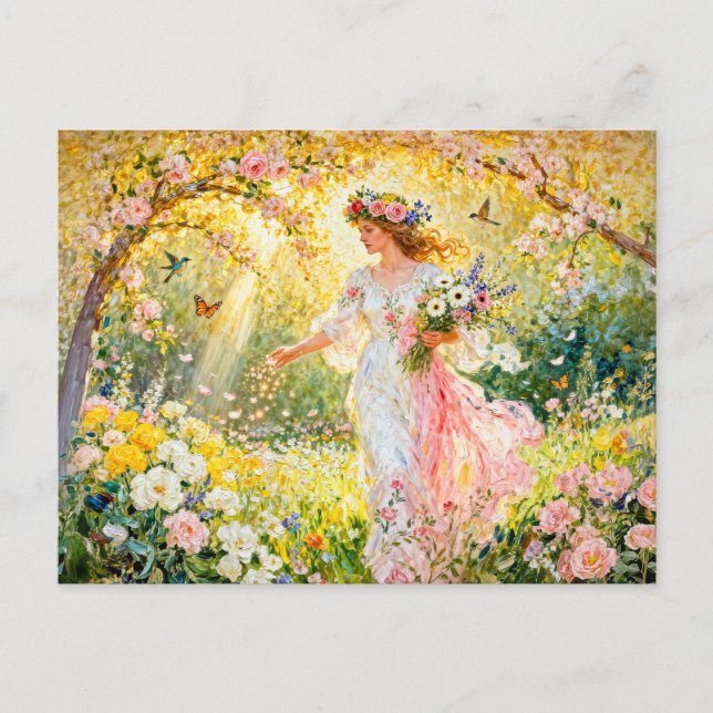 Cartão Postal Deusa Grega Flores no Jardim (Frente)