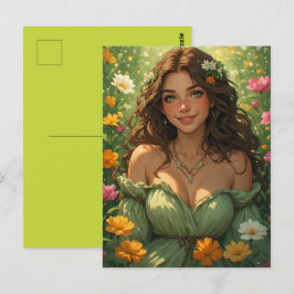Cartão Postal Deusa Ninfa da Natureza de Verão em Vestido Verde 