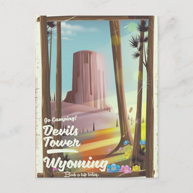 Cartão Postal Devils Tower, Wyoming vintage Camping impressão. (Frente)
