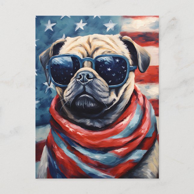 Cartão Postal Dia da Independência do Pug 4 de julho (Frente)