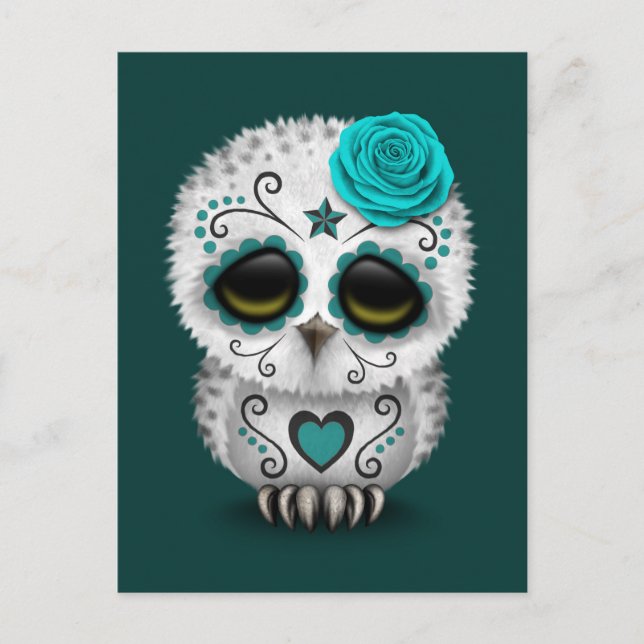 Cartão Postal Dia das Bruxas de Açúcar Caveira Coruja Azul-Esver (Frente)