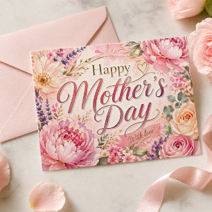 Cartão Postal Dia das Mães Com Amor Rosa Aguarela Peônia Dourado