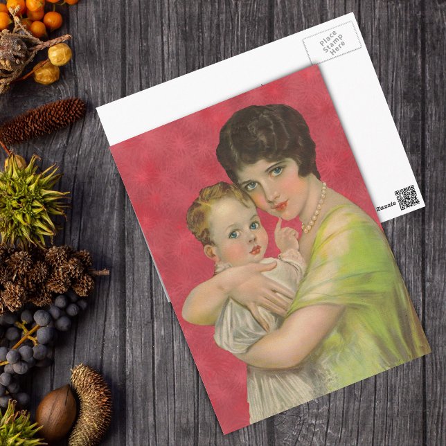 Cartão Postal Dia das Mães de 1930 Mãe Segurando Bebê (1930's era elegant mother holding sweet baby on red star bursts postcard.)