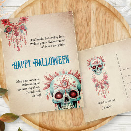 Cartão Postal Dia de as Bruxas engraçado de crânio de açúcar azu