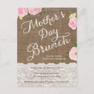 Cartão Postal Dia de as mães Brunch Invites, Rustic Pink Floral