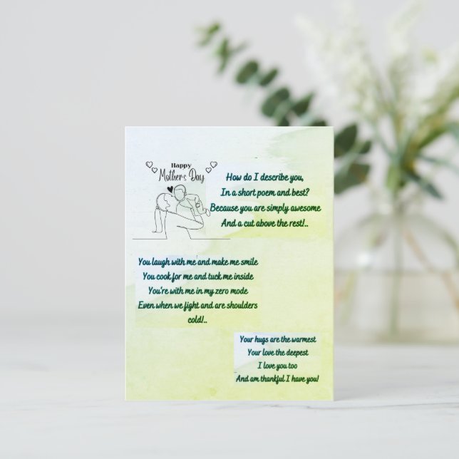 Cartão Postal Dia de as mães feliz com um poema original (Em pé/Frente)