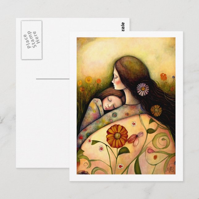 Cartão Postal Dia de as mães Feliz, Mãe e Pintura Filha (Frente/Verso)