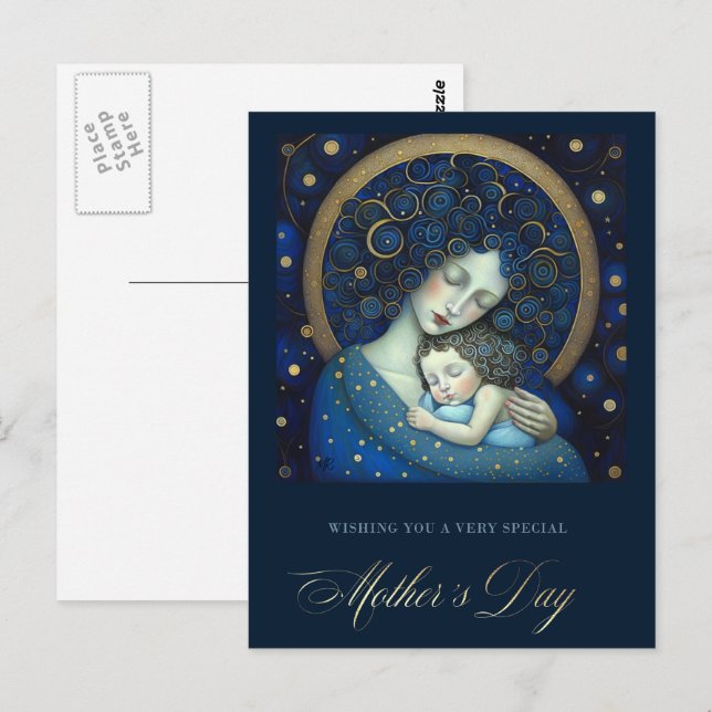 Cartão Postal Dia de as mães Feliz, Mãe e Pintura Filha (Frente/Verso)