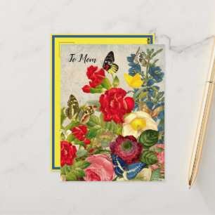 Cartão Postal Dia de as mães Jardim Carnações Rosas Borboletas