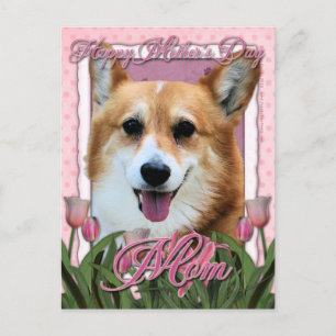 Cartão Postal Dia de as mães - Tulipas Rosa - Corgi - Owen