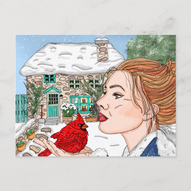 Cartão Postal Dia de inverno desenhado à mão, Algodão inglês (Frente)