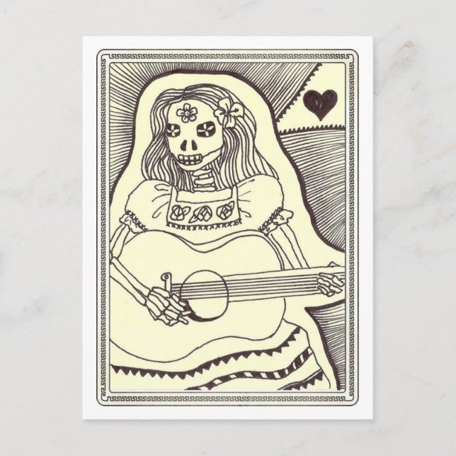 Cartão Postal Dia de Los Muertos Girl com violão (Frente)