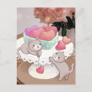 Cartão Postal Dia de os namorados: Gatos, Cookies Cardíacos E Fl
