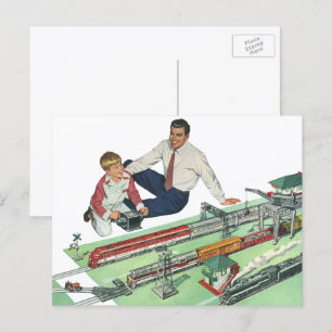 Cartão Postal Dia de os pais, Pai e Filho Vintage com Comboios