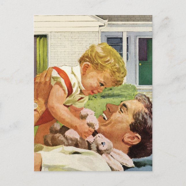 Cartão Postal Dia de os pais Vintage, Família Feliz nos Subúrbio (Frente)