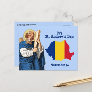 Cartão Postal Dia de São André e Mapa-Bandeira da Romênia