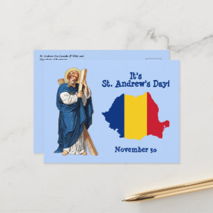Cartão Postal Dia de São André e Mapa-Bandeira da Romênia