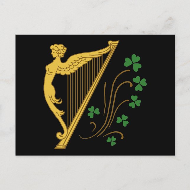 Cartão Postal Dia de São Patrício Dourado Harp e Shamrocks (Frente)