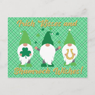 Cartão Postal Dia de São Patrício Gnome Kisses e Shamrock