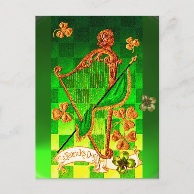 CARTÃO POSTAL DIA DE SÃO PATRÍCIO IRLANDÊS HARP, VERDE DOURADO S (Frente)