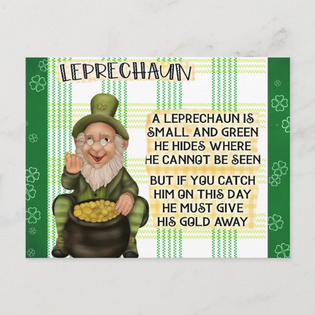 Cartão Postal Dia de São Patrício Irlandês Leprechaun Poem (Frente)